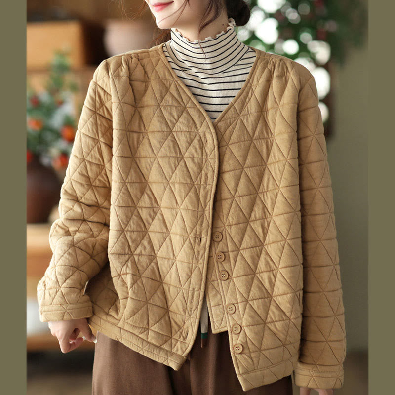 Buddha Stones冬用コットン 長袖 ダイヤモンド柄 レディース サーマルジャケット ポケット付き - image 10