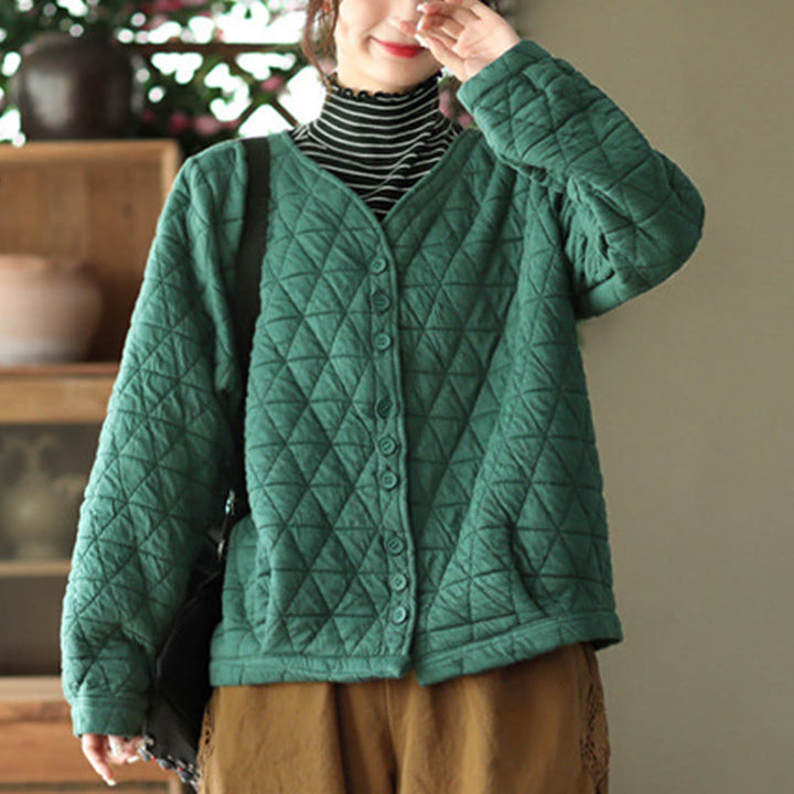 Buddha Stones冬用コットン 長袖 ダイヤモンド柄 レディース サーマルジャケット ポケット付き - image 4