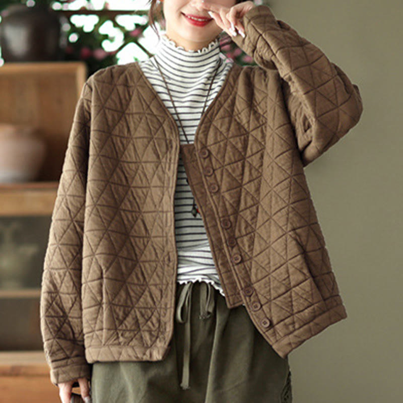 Buddha Stones冬用コットン 長袖 ダイヤモンド柄 レディース サーマルジャケット ポケット付き - image 2