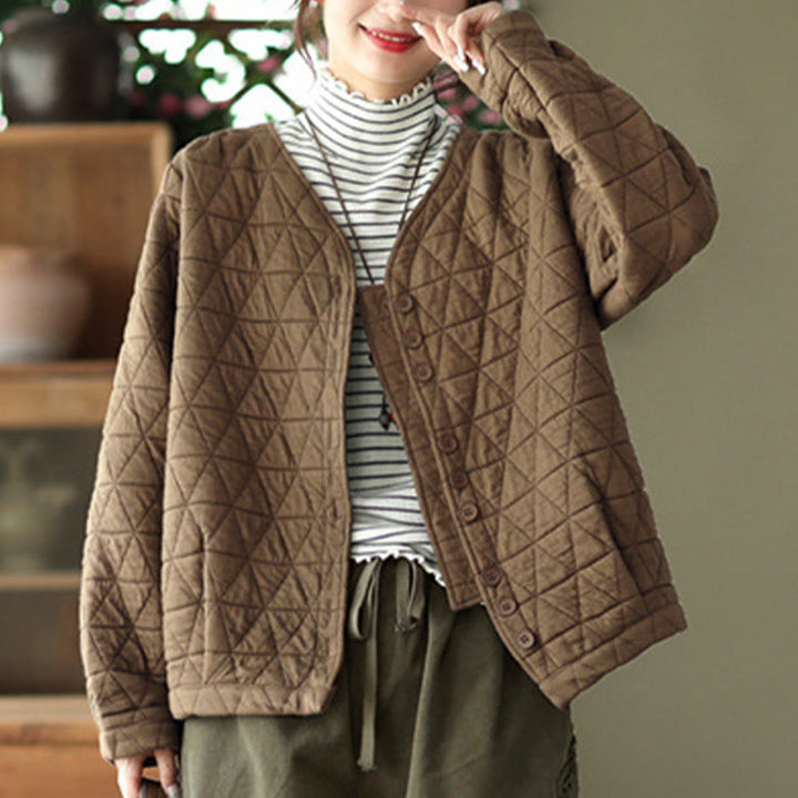 Buddha Stones冬用コットン 長袖 ダイヤモンド柄 レディース サーマルジャケット ポケット付き - image 2