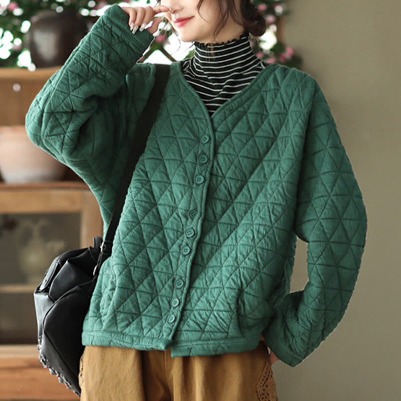 Buddha Stones冬用コットン 長袖 ダイヤモンド柄 レディース サーマルジャケット ポケット付き - シーグリーン - US12、 UK/AU16、 EU44 (2XL) - image 3