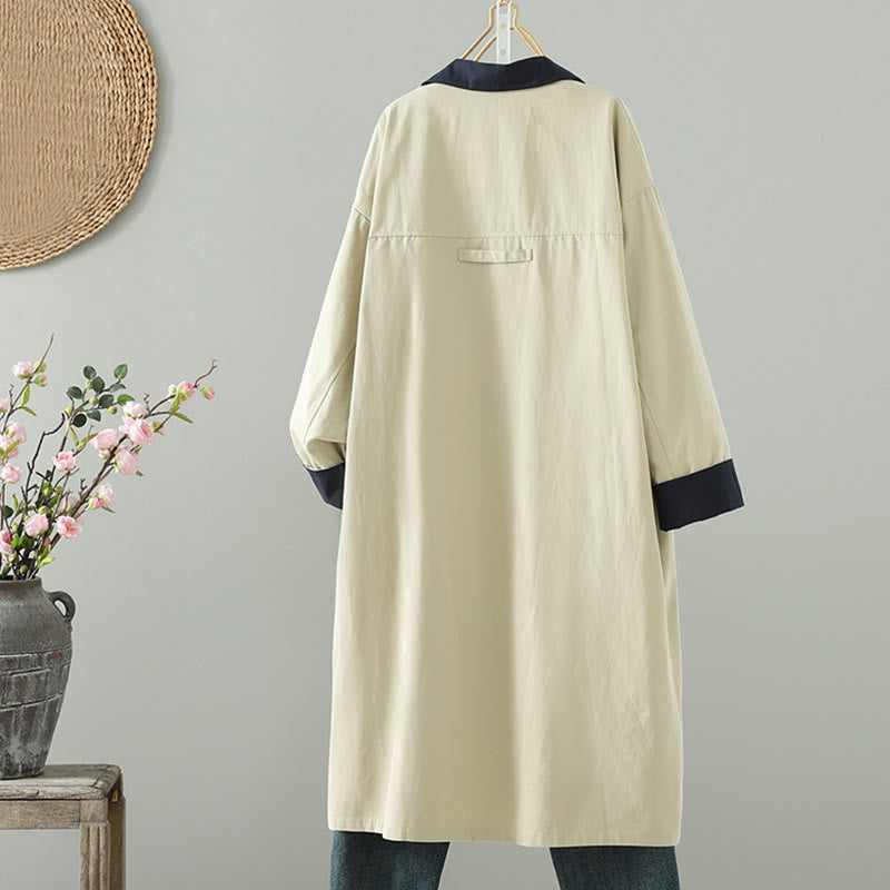 Buddha Stonesの秋のラペルボタンパッチワークデザインレディースコットン長袖コートポケット付き - image 2