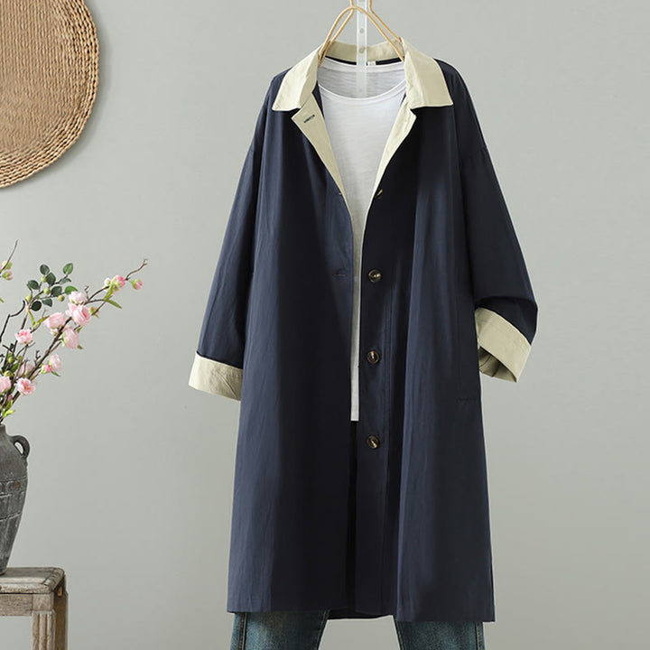 Buddha Stonesの秋のラペルボタンパッチワークデザインレディースコットン長袖コートポケット付き - image 12