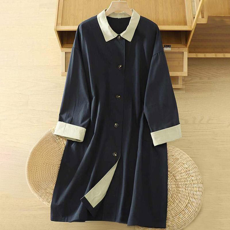 Buddha Stonesの秋のラペルボタンパッチワークデザインレディースコットン長袖コートポケット付き - ミッドナイトブルー - US12、 UK/AU16、 EU44 (XL) - image 11