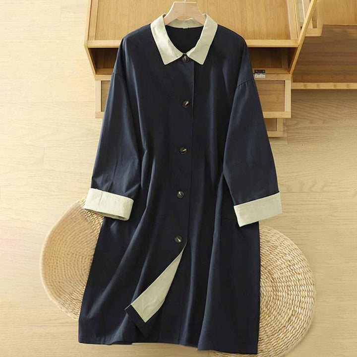 Buddha Stonesの秋のラペルボタンパッチワークデザインレディースコットン長袖コートポケット付き - ミッドナイトブルー - US12、 UK/AU16、 EU44 (XL) - image 11