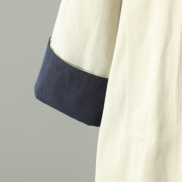 Buddha Stonesの秋のラペルボタンパッチワークデザインレディースコットン長袖コートポケット付き - image 6