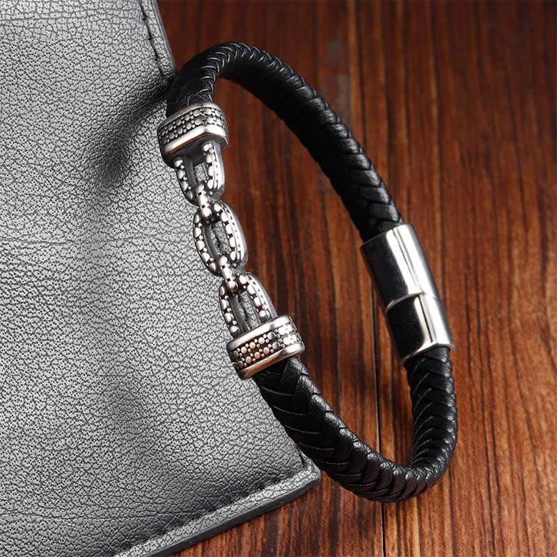 Buddha Stonesハンドメイドチェーンリンクデザインチタンスチールレザー強化ブレスレット - image 10