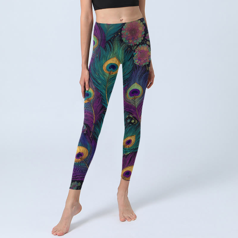 Buddha Stonesゴージャスな孔雀の羽根 花柄プリント ジムレギンス レディース ヨガパンツ - image 5