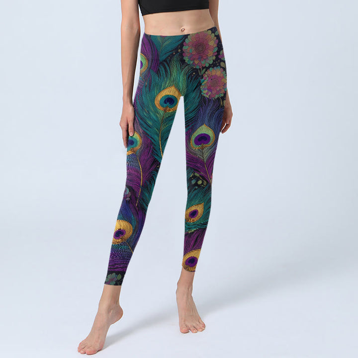 Buddha Stonesゴージャスな孔雀の羽根 花柄プリント ジムレギンス レディース ヨガパンツ - image 5