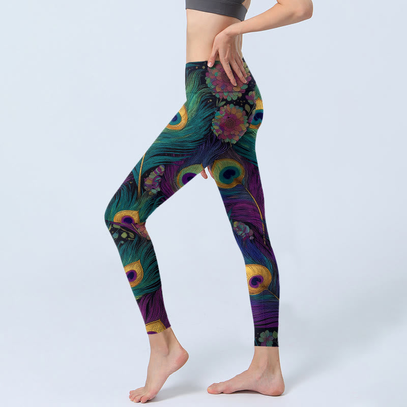 Buddha Stonesゴージャスな孔雀の羽根 花柄プリント ジムレギンス レディース ヨガパンツ - image 2
