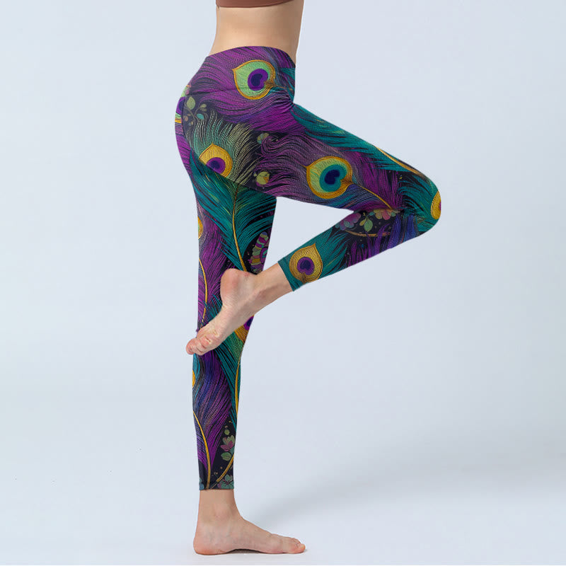 Buddha Stonesゴージャスな孔雀の羽根 花柄プリント ジムレギンス レディース ヨガパンツ - image 4