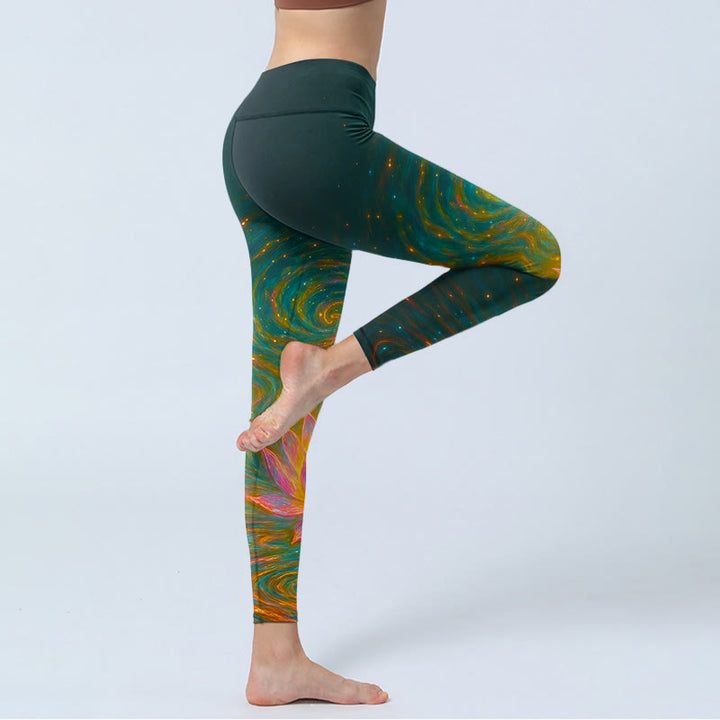 Buddha Stonesとゴージャスな蓮の水の波紋柄プリントのジムレギンス レディース ヨガパンツ - image 4