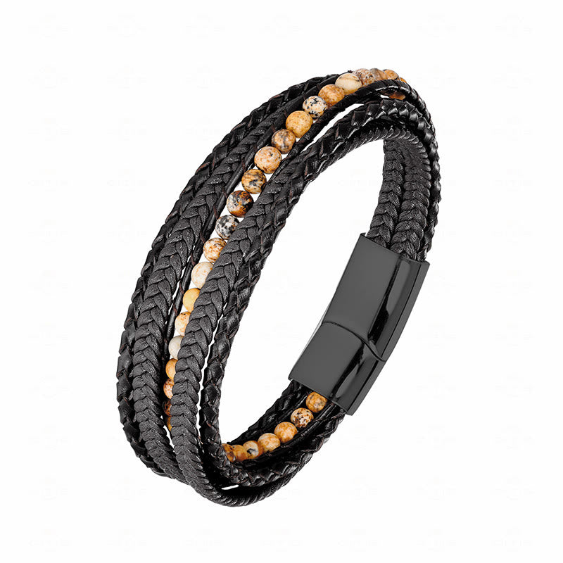 Buddha Stonesヘマタイト インド瑪瑙 タイガーアイ アマゾナイト ビーズ レザー 強化ブレスレット - ピクチャージャスパーブラックバックル - 18～22cm - image 19