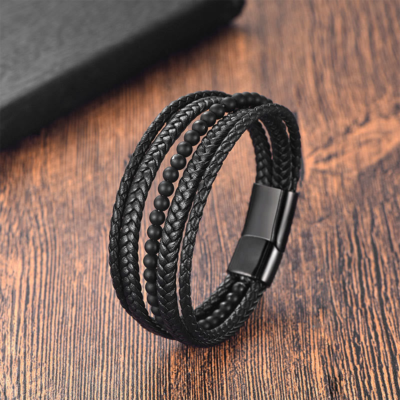 Buddha Stonesマットフロスティング ブラックオニキス幸運繁栄マルチレイヤー 編み込みブレスレット - ブラックオニキス（手首周り：18～20cm） - image 0