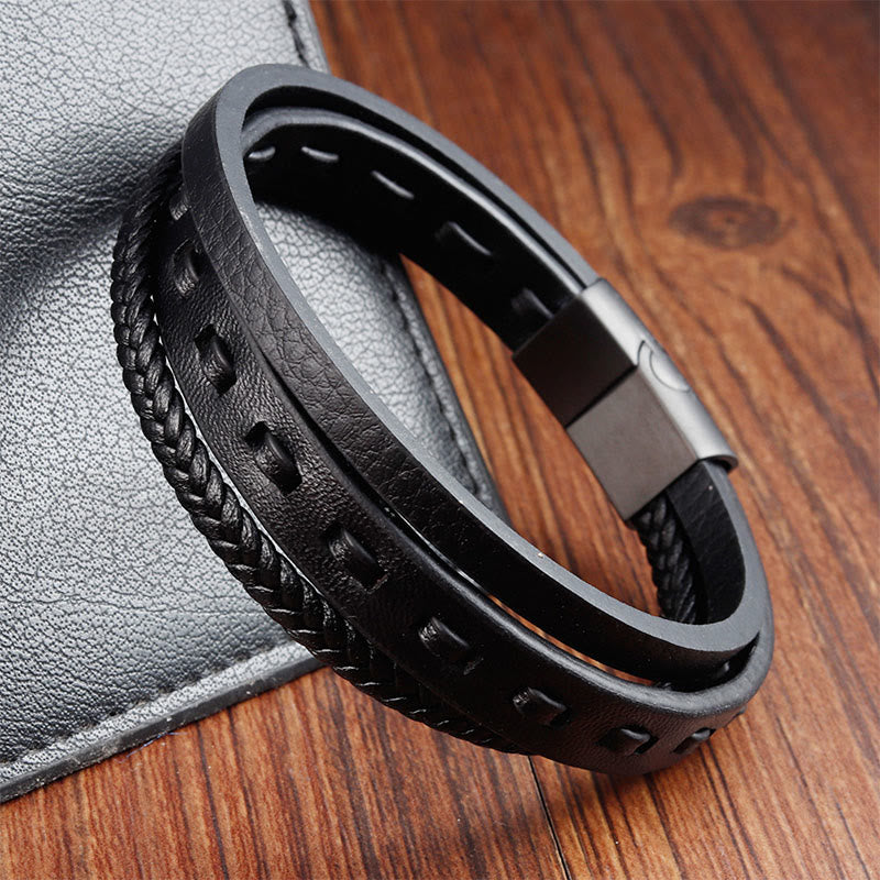 Buddha Stonesチタンスチールバックル 多層編みレザー カームブレスレット - image 2