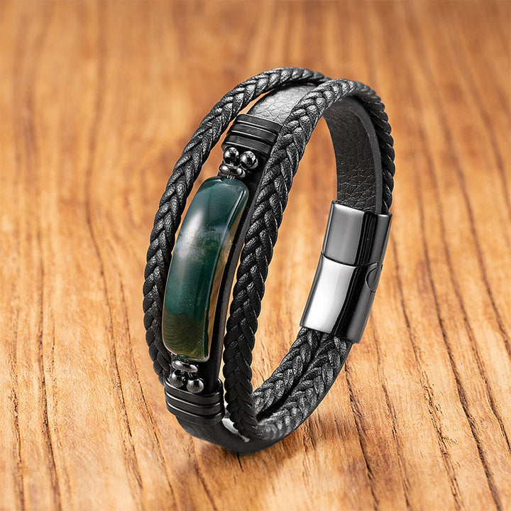 Buddha Stonesヘマタイト ラズライト ラピスラズリ ブラック グリッターストーン ピンククリスタル チタンスチール レザー 強化ブレスレット - グリーンアゲート - 18～22cm - image 23