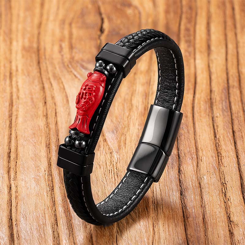 Buddha Stones辰砂 仏陀の鯉龍 福 キャラクター ピシュウ デザイン レザー良縁祈願ブレスレット - 鯉魚＆風キャラクター - 18～22cm - image 10