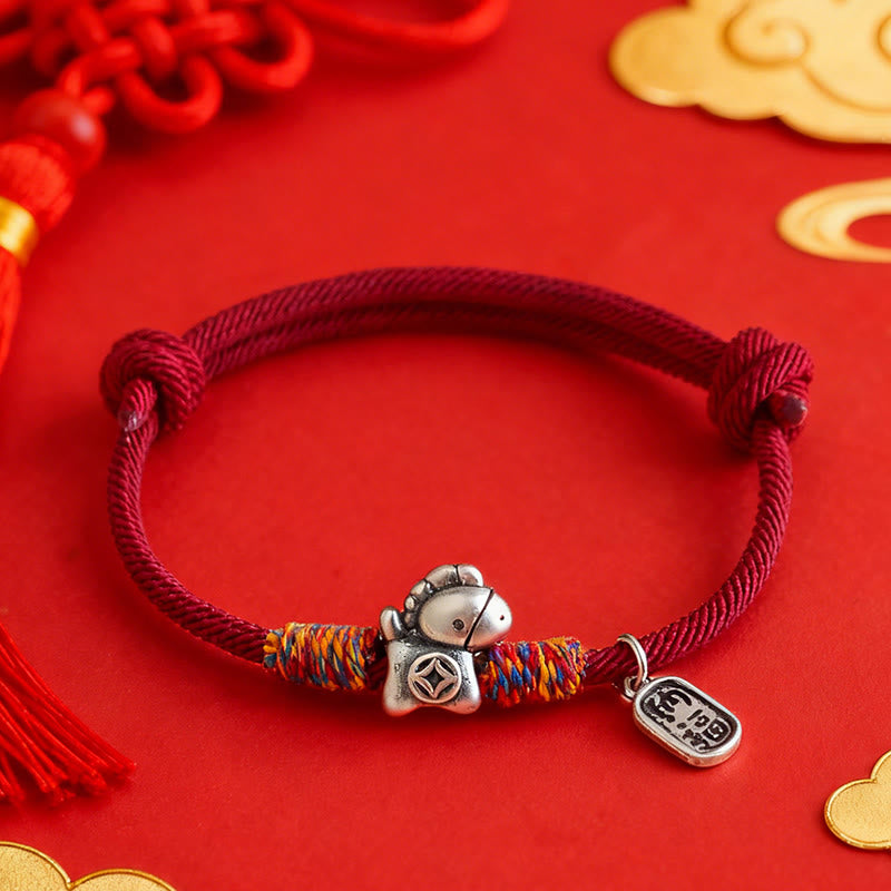 Buddha Stones999 スターリングシルバー 馬年福字 幸運を引き寄せる幸運繁栄ロープ幸運ブレスレット - image 0