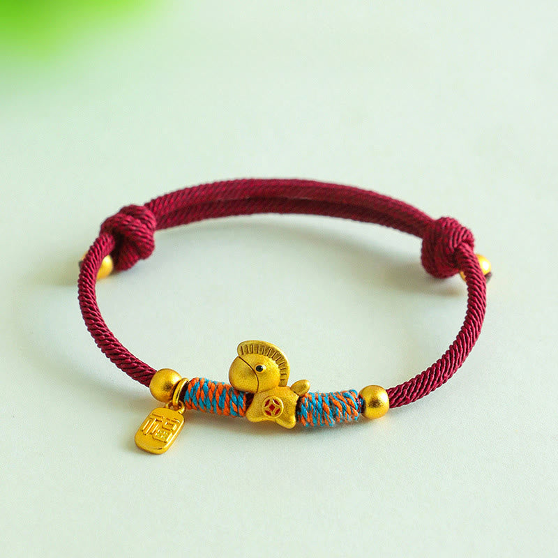 Buddha Stones999 スターリングシルバー 馬年福キャラクターチャーム カラフルストリングロープ幸運ブレスレット - image 1