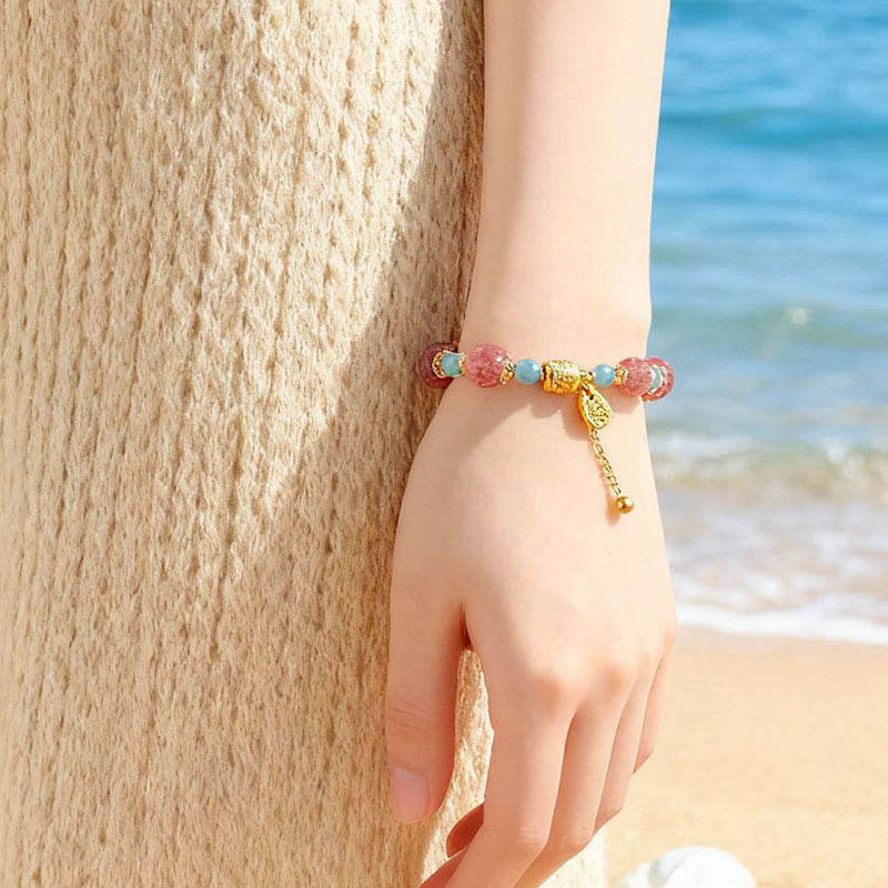 Buddha Stones天然ストロベリークォーツ ムーンストーン ヒーリングポジティブビーズブレスレット - image 7