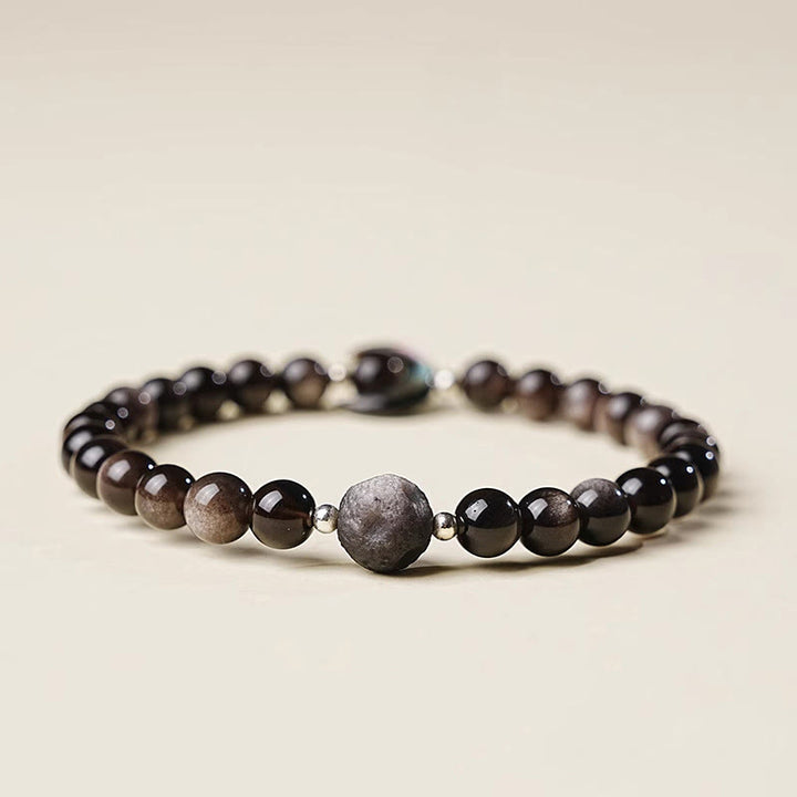 Buddha Stones月のデザイン 天然銀光沢黒曜石 守護ビーズブレスレット - image 1