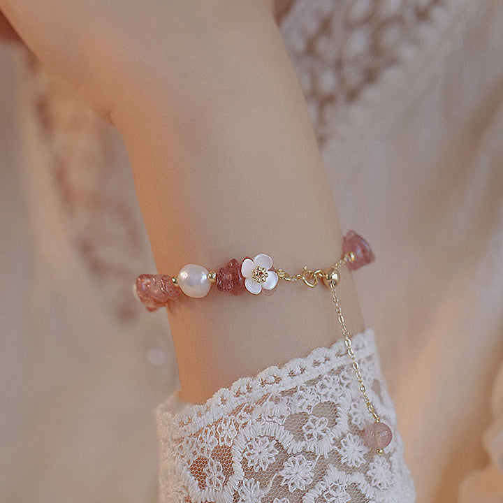 Buddha Stonesホワイトフラワーパール 天然イレギュラーストロベリークォーツ ヒーリングチェーンブレスレット - image 1