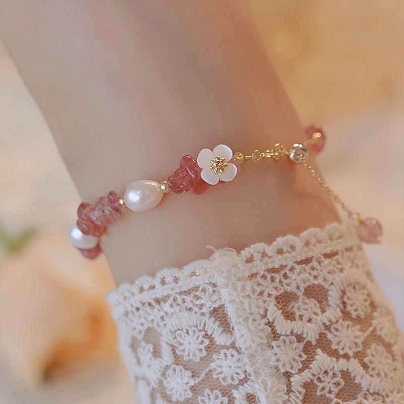 Buddha Stonesホワイトフラワーパール 天然イレギュラーストロベリークォーツ ヒーリングチェーンブレスレット - ストロベリークォーツ（手首周り：14～18cm） - image 0