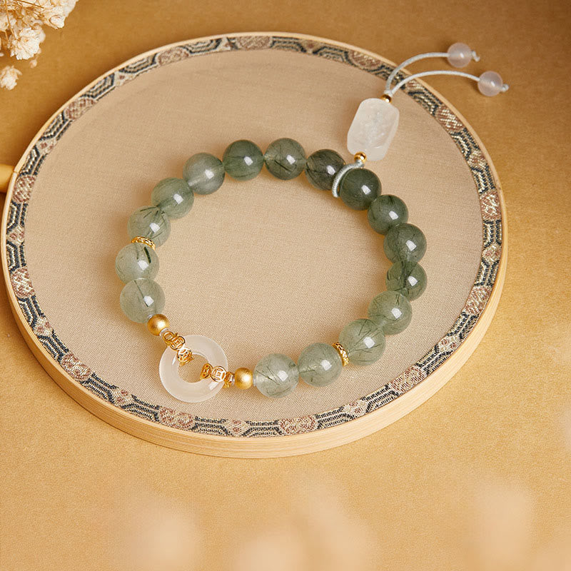Buddha Stones 925スターリングシルバー グリーンルチルクォーツ ホワイトカルセドニー平和のお守りチャーム勇気ブレスレット - image 1