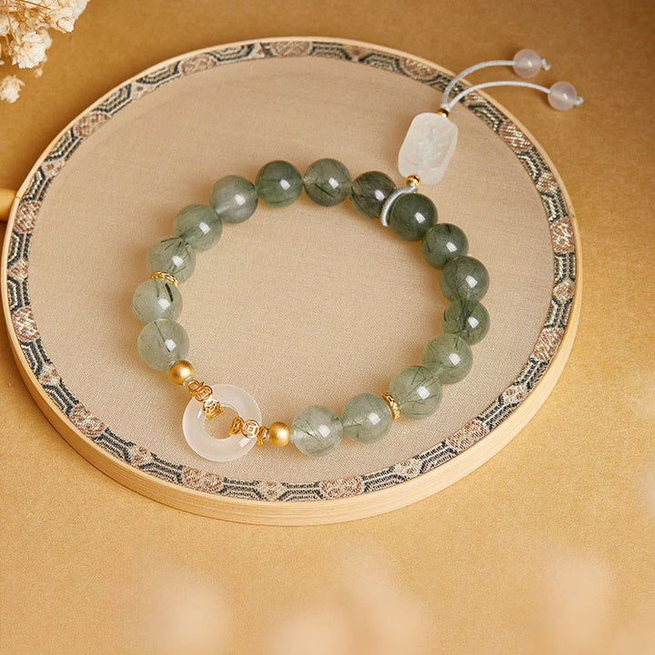 Buddha Stones 925スターリングシルバー グリーンルチルクォーツ ホワイトカルセドニー平和のお守りチャーム勇気ブレスレット - image 1