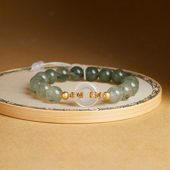 Buddha Stones 925スターリングシルバー グリーンルチルクォーツ ホワイトカルセドニー平和のお守りチャーム勇気ブレスレット - グリーンルチルクォーツ（手首周り：15～17cm） - image 0