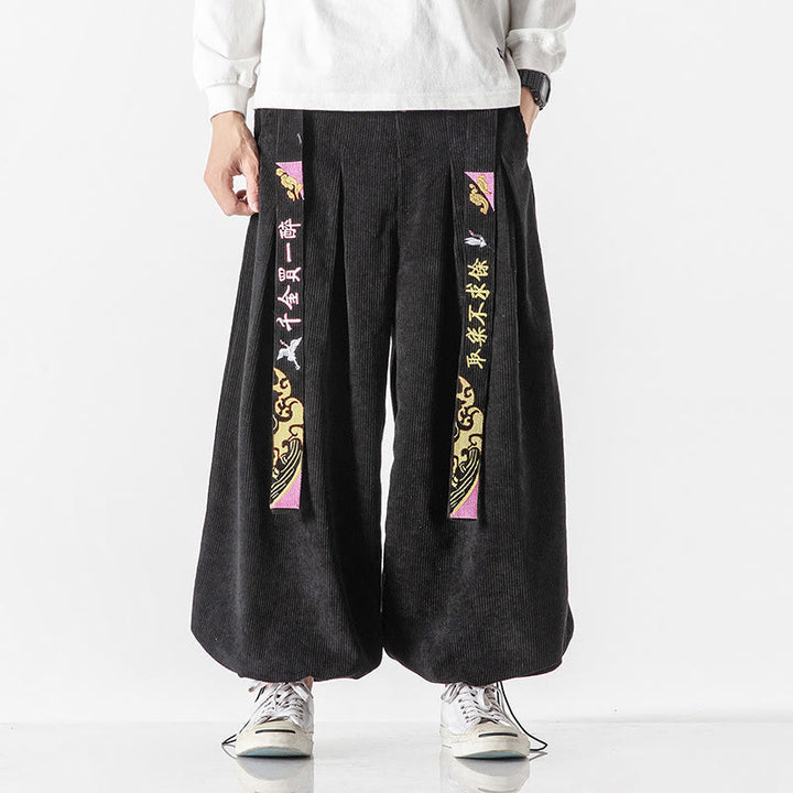 Buddha Stones秋冬 レースアップ 漢字刺繍 メンズ コーデュロイパンツ ポケット付き - 黒 - US/UK/AU46、 EU56 (5XL) - image 0
