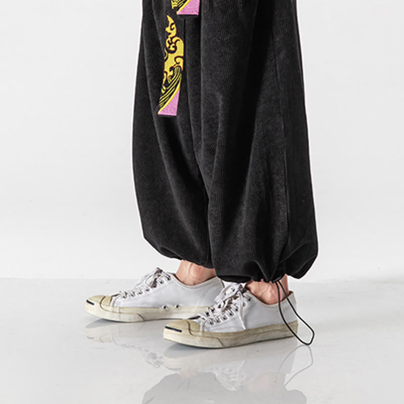 Buddha Stones秋冬 レースアップ 漢字刺繍 メンズ コーデュロイパンツ ポケット付き - image 3
