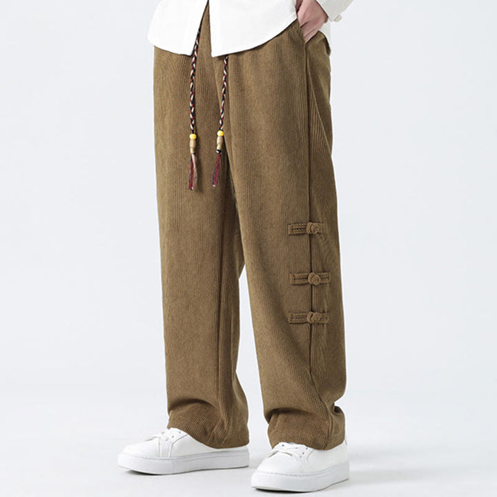 Buddha Stones秋冬 無地 フロッグボタン メンズ ドローストリング コーデュロイ ストレートレッグパンツ ポケット付き - image 6