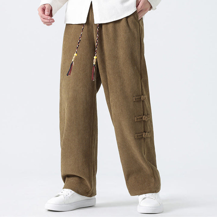 Buddha Stones秋冬 無地 フロッグボタン メンズ ドローストリング コーデュロイ ストレートレッグパンツ ポケット付き - image 5