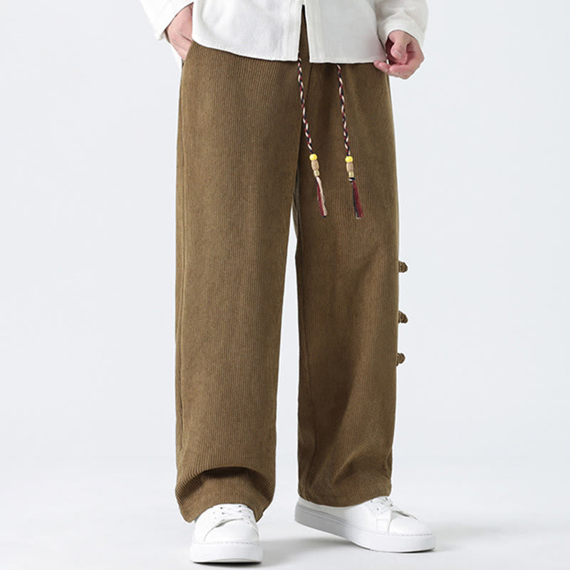 Buddha Stones秋冬 無地 フロッグボタン メンズ ドローストリング コーデュロイ ストレートレッグパンツ ポケット付き - image 1