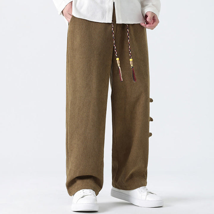 Buddha Stones秋冬 無地 フロッグボタン メンズ ドローストリング コーデュロイ ストレートレッグパンツ ポケット付き - image 1