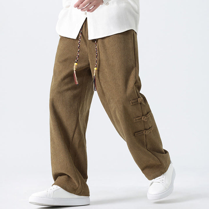 Buddha Stones秋冬 無地 フロッグボタン メンズ ドローストリング コーデュロイ ストレートレッグパンツ ポケット付き - image 3
