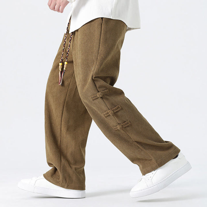 Buddha Stones秋冬 無地 フロッグボタン メンズ ドローストリング コーデュロイ ストレートレッグパンツ ポケット付き - image 4
