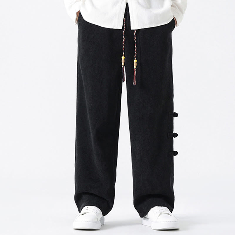 Buddha Stones秋冬 無地 フロッグボタン メンズ ドローストリング コーデュロイ ストレートレッグパンツ ポケット付き - 黒 - US/UK/AU46、 EU56 (5XL) - image 12