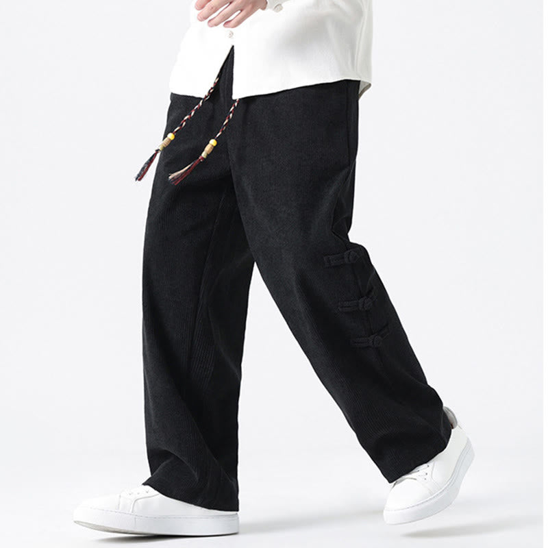 Buddha Stones秋冬 無地 フロッグボタン メンズ ドローストリング コーデュロイ ストレートレッグパンツ ポケット付き - image 14