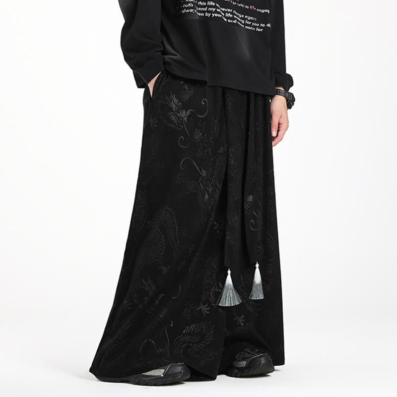 Buddha Stonesドラゴン ジャカード ドローストリングデザイン メンズ コーデュロイ ワイドレッグパンツ ポケット付き - image 11