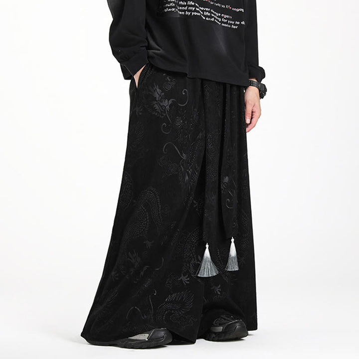 Buddha Stonesドラゴン ジャカード ドローストリングデザイン メンズ コーデュロイ ワイドレッグパンツ ポケット付き - image 11