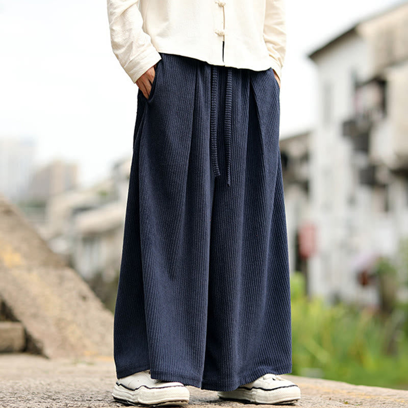 Buddha Stones秋冬 無地 ドローストリングデザイン メンズ コーデュロイ ワイドレッグパンツ ポケット付き - image 1