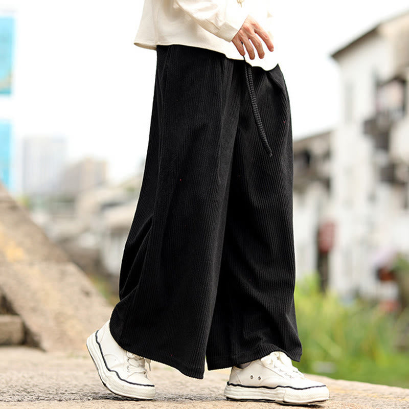 Buddha Stones秋冬 無地 ドローストリングデザイン メンズ コーデュロイ ワイドレッグパンツ ポケット付き - image 9