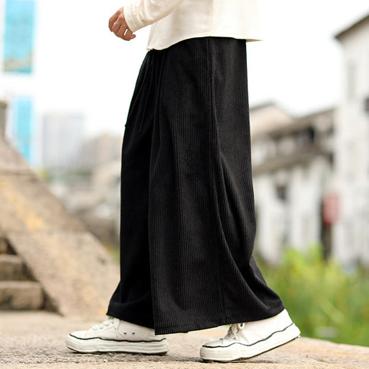 Buddha Stones秋冬 無地 ドローストリングデザイン メンズ コーデュロイ ワイドレッグパンツ ポケット付き - image 10