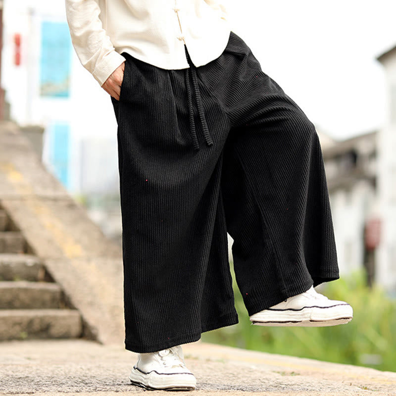 Buddha Stones秋冬 無地 ドローストリングデザイン メンズ コーデュロイ ワイドレッグパンツ ポケット付き - image 12