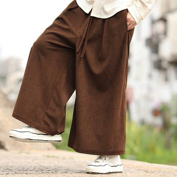 Buddha Stones秋冬 無地 ドローストリングデザイン メンズ コーデュロイ ワイドレッグパンツ ポケット付き - image 19