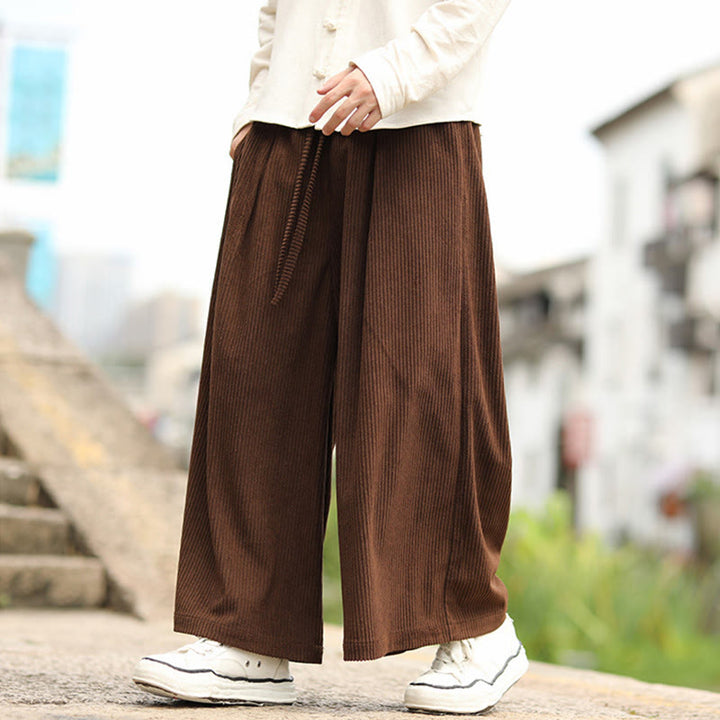 Buddha Stones秋冬 無地 ドローストリングデザイン メンズ コーデュロイ ワイドレッグパンツ ポケット付き - image 18