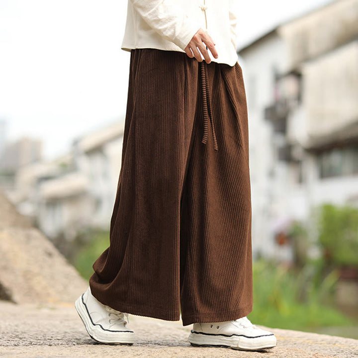 Buddha Stones秋冬 無地 ドローストリングデザイン メンズ コーデュロイ ワイドレッグパンツ ポケット付き - image 14
