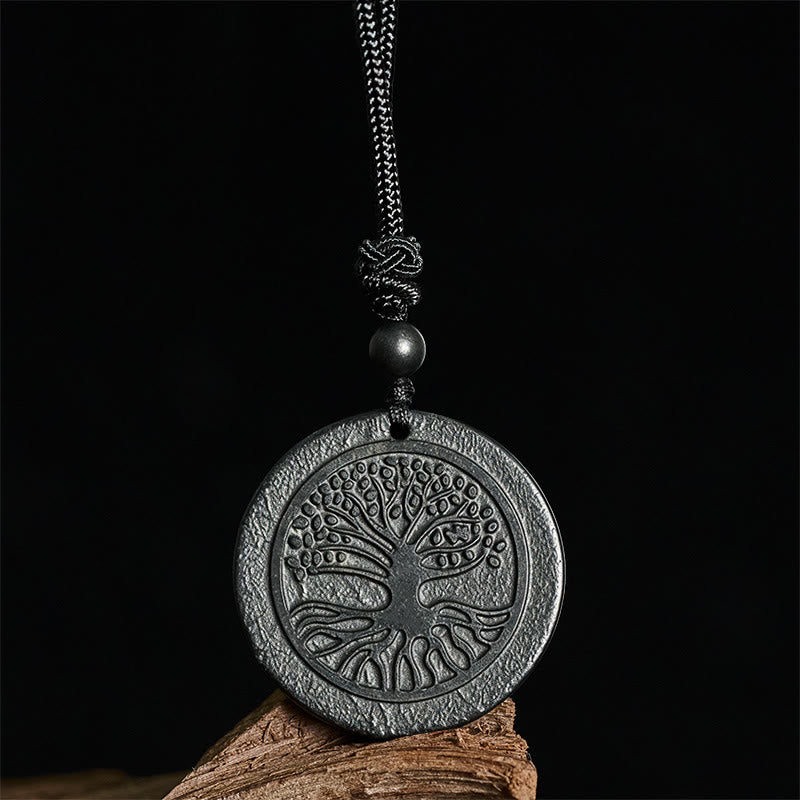 Buddha Stones生命の樹の彫刻模様 本物のシュンガイト石 守護ネックレスペンダント - image 2